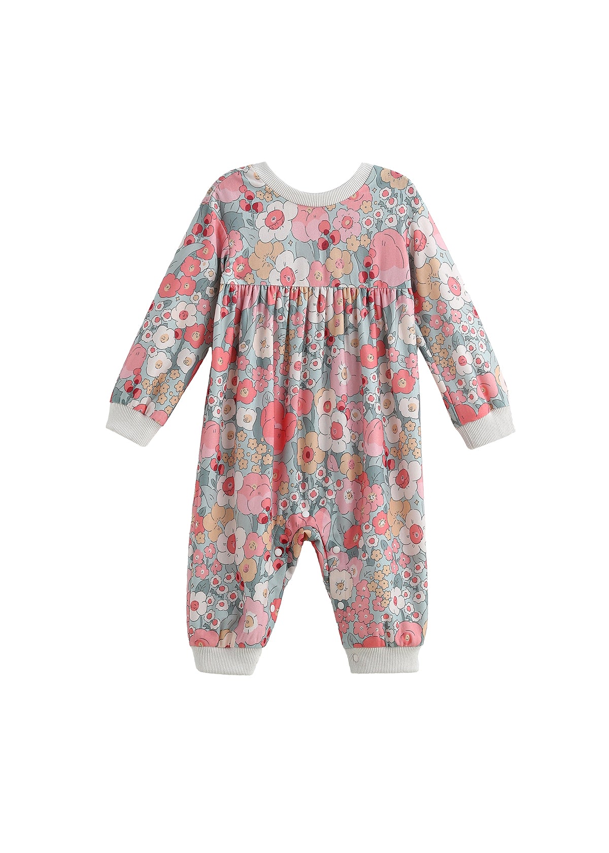 The Eliza Romper Long Sleeve Floral Bubble Romper by Mabel + Honey is a baby romper featuring long sleeves and a charming floral print in pink, gray, and white tones. It is designed with ribbed cuffs at the wrists and ankles, as well as a gathered seam under the chest for added appeal.