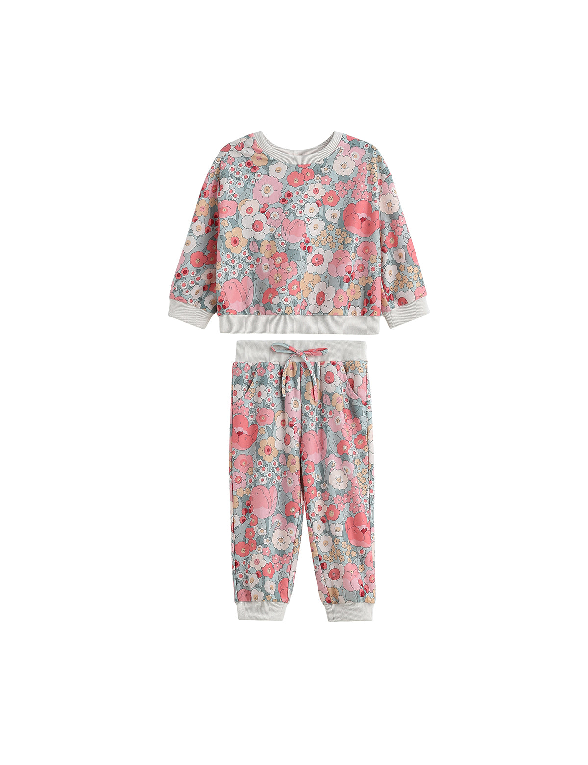 The Eliza Two Piece Set by Mabel + Honey features a long-sleeve floral sweatshirt and matching joggers, both adorned with pink, white, and blue flowers and finished with light gray ribbed cuffs and waistband—making this charming set perfect for any occasion.