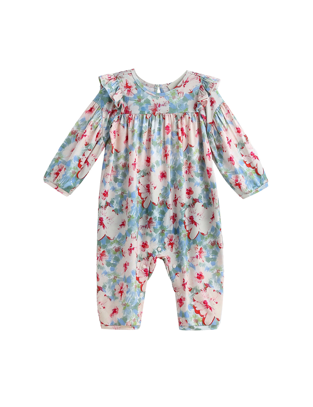 Introducing the Mabel + Honey Floral Flutter Romper—a long-sleeve romper featuring a gathered yoke and ruffle trim along the shoulders, designed with a blue background and pink and white watercolor floral print.