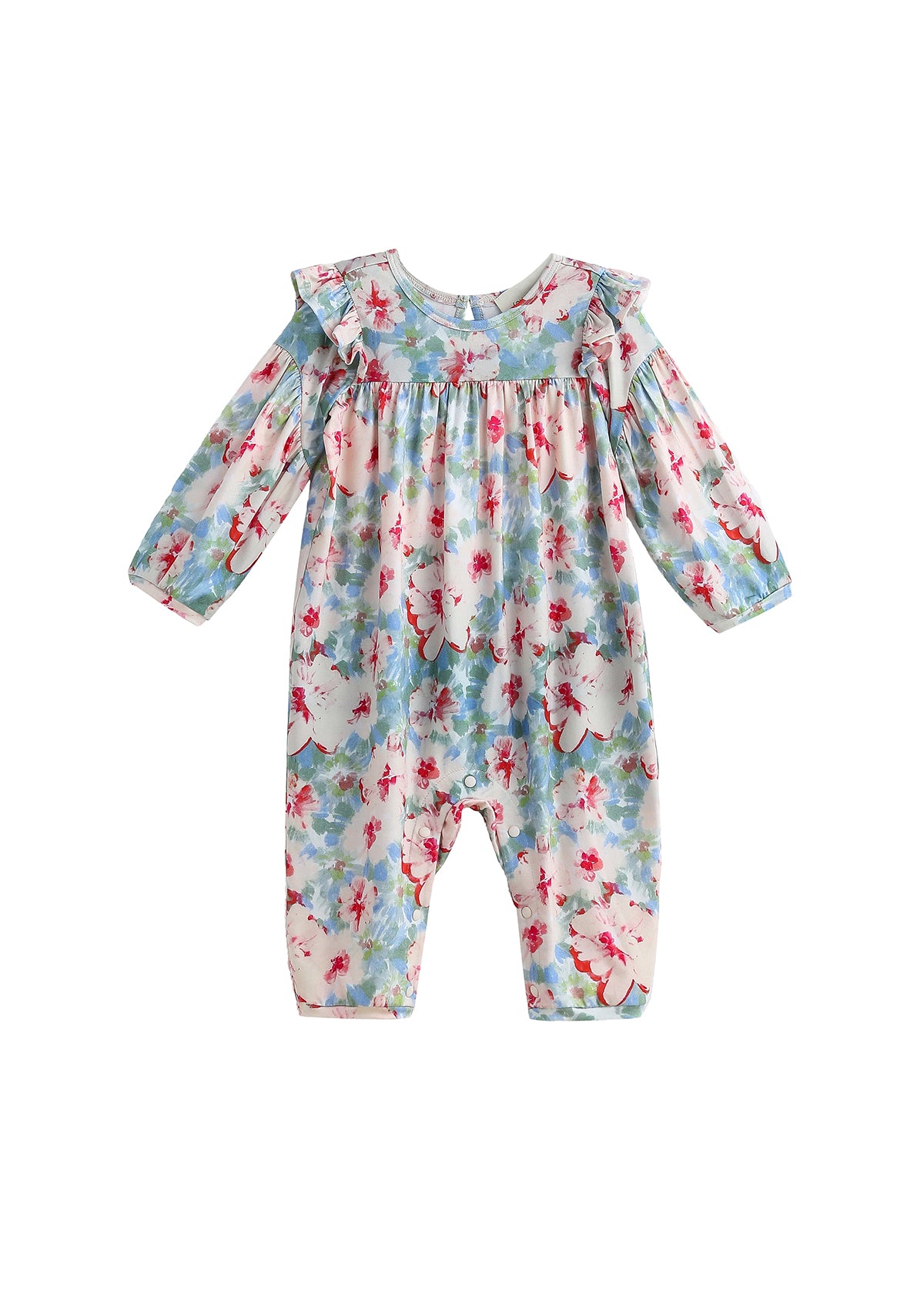 Introducing the Mabel + Honey Floral Flutter Romper—a long-sleeve romper featuring a gathered yoke and ruffle trim along the shoulders, designed with a blue background and pink and white watercolor floral print.