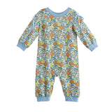 The Mabel + Honey Ivy Bloom Romper is a long-sleeve, cuffed romper for baby girls featuring a charming floral print with orange, yellow, and green daisies on a light blue background. It includes matching light blue cuffs and hem and is finished with sweet ribbon bow shoulder details.