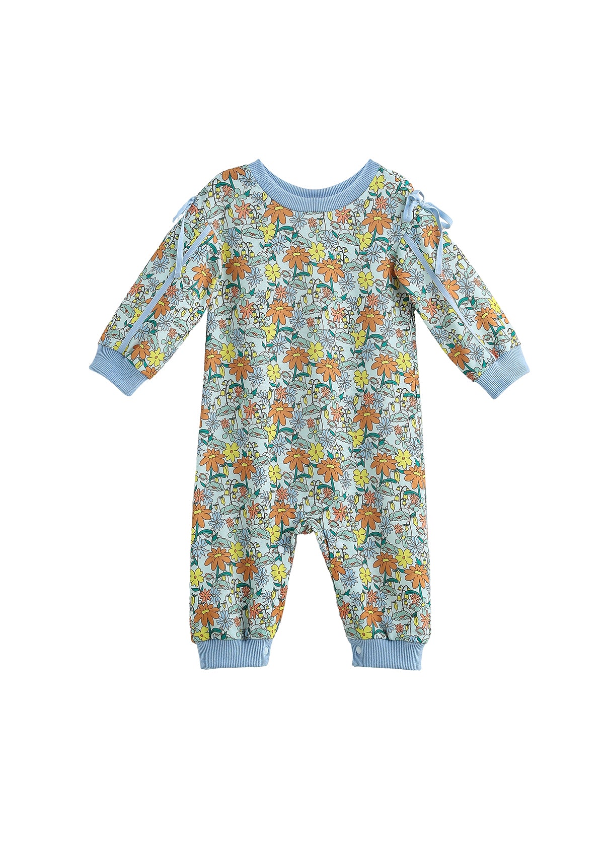 The Mabel + Honey Ivy Bloom Romper is a long-sleeve, cuffed romper for baby girls featuring a charming floral print with orange, yellow, and green daisies on a light blue background. It includes matching light blue cuffs and hem and is finished with sweet ribbon bow shoulder details.
