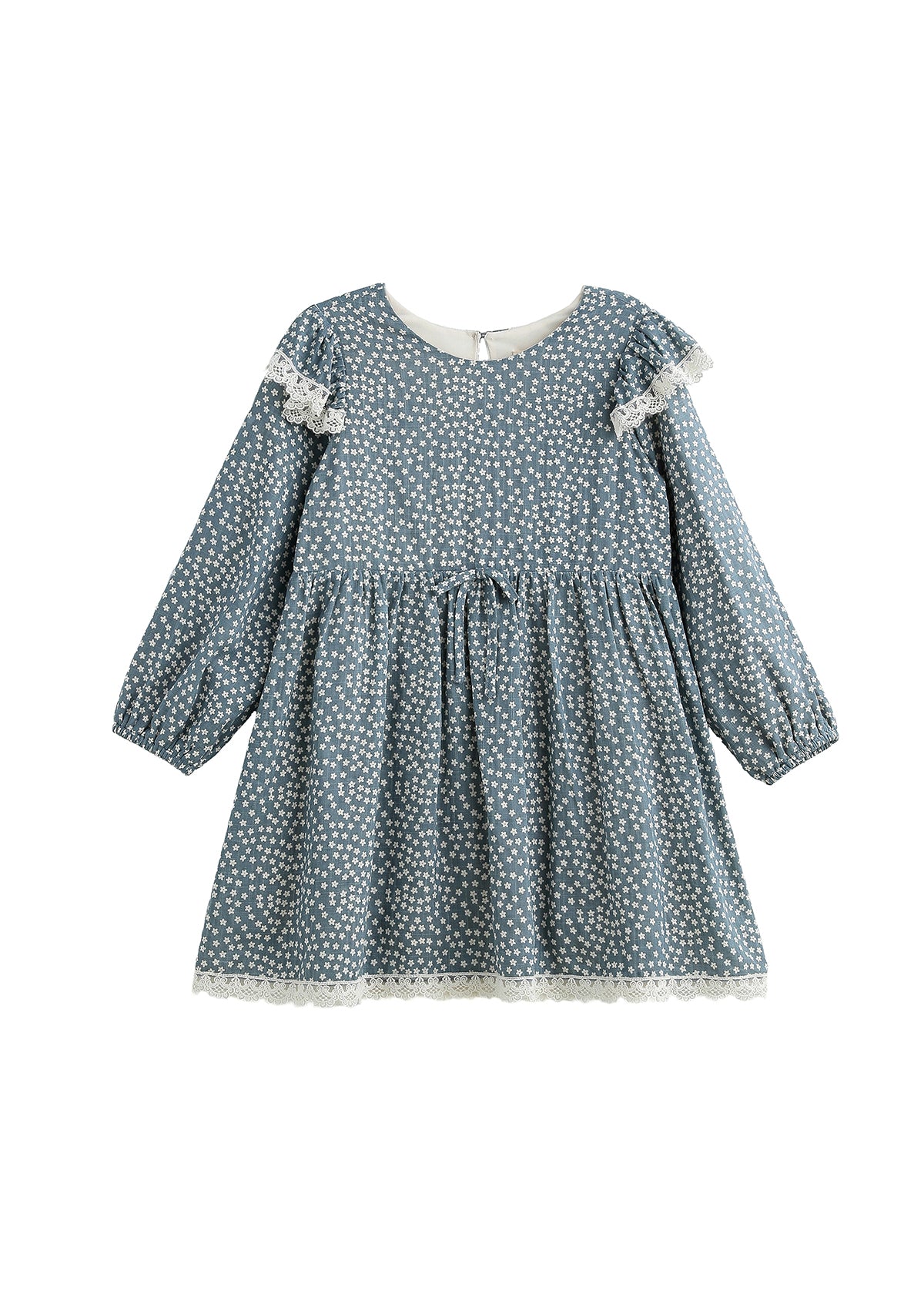 The Dolly Dress Long Sleeve Floral Lace Trim Empire Waist Dress by Mabel + Honey features a slate blue hue with a white floral pattern, delicate lace trim on the sleeves and hem, a gathered empire waist, and a classic round neckline. Made from a lightweight cotton blend for all-day comfort.
