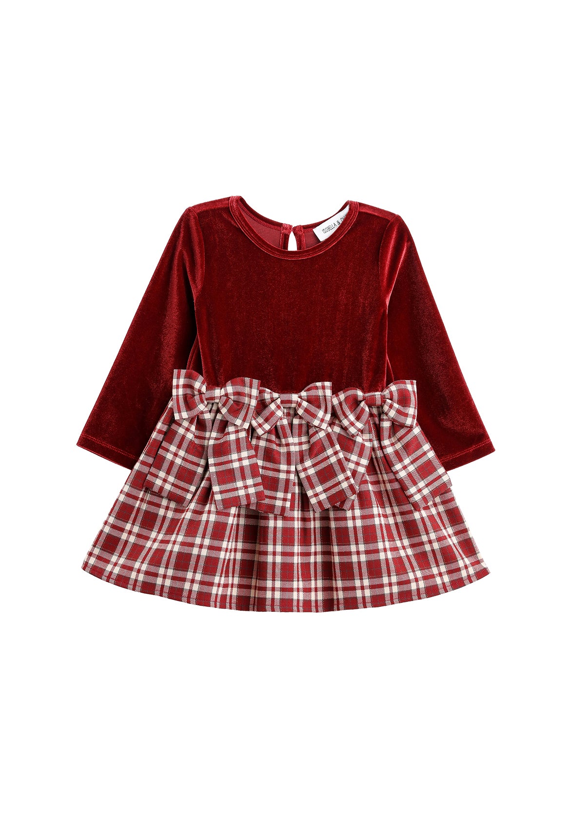 Dress your little one in festive style with the Mabel + Honey Holiday Plaid Dress Long Sleeve Plaid Velvet Bodice Bow Waist Dress. This charming red velvet dress features a soft long-sleeve velvet bodice, a vibrant plaid skirt, and two large plaid bows at the waist—perfect for coordinating sibling outfits during special holiday gatherings.