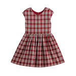 The Isobella and Chloe Holiday Plaid Cap Sleeve Fit and Flare Dress, shown flat on a white background, features a red and white plaid pattern with a fitted bodice and flared skirt—making it an ideal choice for festive holiday celebrations.