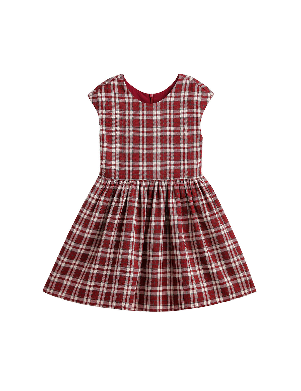 The Isobella and Chloe Holiday Plaid Cap Sleeve Fit and Flare Dress, shown flat on a white background, features a red and white plaid pattern with a fitted bodice and flared skirt—making it an ideal choice for festive holiday celebrations.
