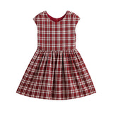 The Isobella and Chloe Holiday Plaid Cap Sleeve Fit and Flare Dress, shown flat on a white background, features a red and white plaid pattern with a fitted bodice and flared skirt—making it an ideal choice for festive holiday celebrations.
