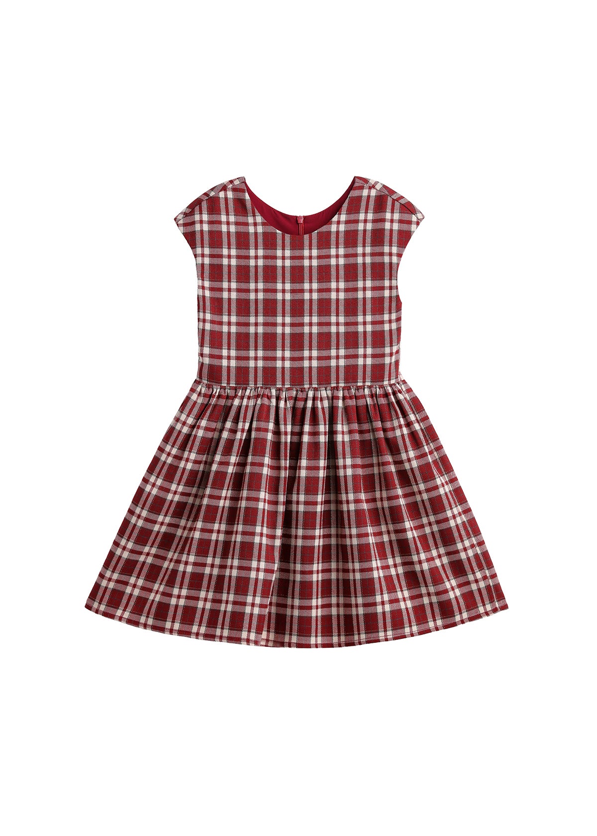 The Isobella and Chloe Holiday Plaid Cap Sleeve Fit and Flare Dress, shown flat on a white background, features a red and white plaid pattern with a fitted bodice and flared skirt—making it an ideal choice for festive holiday celebrations.