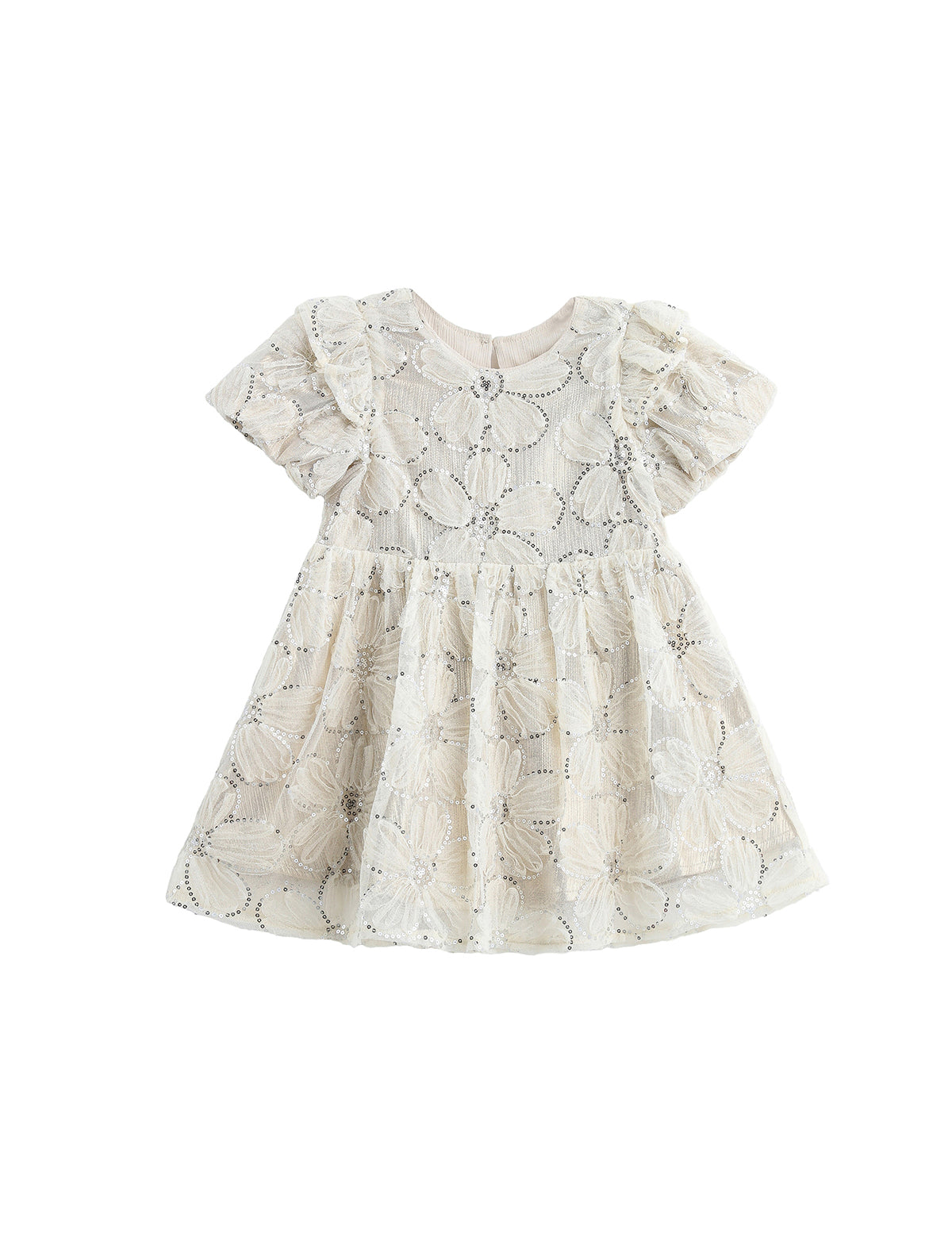 Introducing the Mabel + Honey Golden Goose Dress Short Sleeve Floral Fit And Flare Dress: a cream-colored baby dress featuring short puffed sleeves, a round neckline, and an elegant floral lace overlay. With its flared skirt and intricate embroidered details throughout, this charming holiday party dress is perfect for any special occasion. Displayed on a white background.