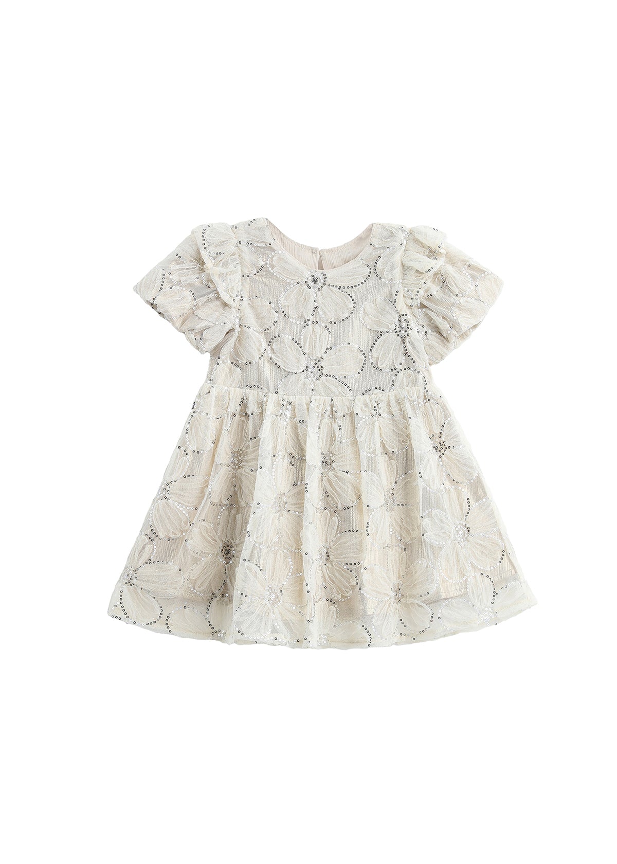 Introducing the Mabel + Honey Golden Goose Dress Short Sleeve Floral Fit And Flare Dress: a cream-colored baby dress featuring short puffed sleeves, a round neckline, and an elegant floral lace overlay. With its flared skirt and intricate embroidered details throughout, this charming holiday party dress is perfect for any special occasion. Displayed on a white background.