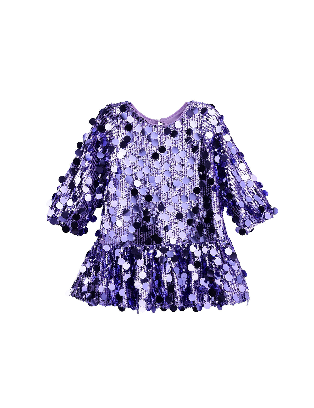 The Mabel + Honey Shake it Off Dress is a dazzling lavender long sleeve sequin fit and flare party dress for girls, featuring shimmering sequins and a ruffled skirt—perfect for special occasions where she wants to shine. Displayed on a white background, this eye-catching party dress combines comfort with sparkle for every celebration.