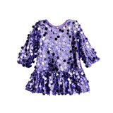 The Mabel + Honey Shake it Off Dress is a dazzling lavender long sleeve sequin fit and flare party dress for girls, featuring shimmering sequins and a ruffled skirt—perfect for special occasions where she wants to shine. Displayed on a white background, this eye-catching party dress combines comfort with sparkle for every celebration.