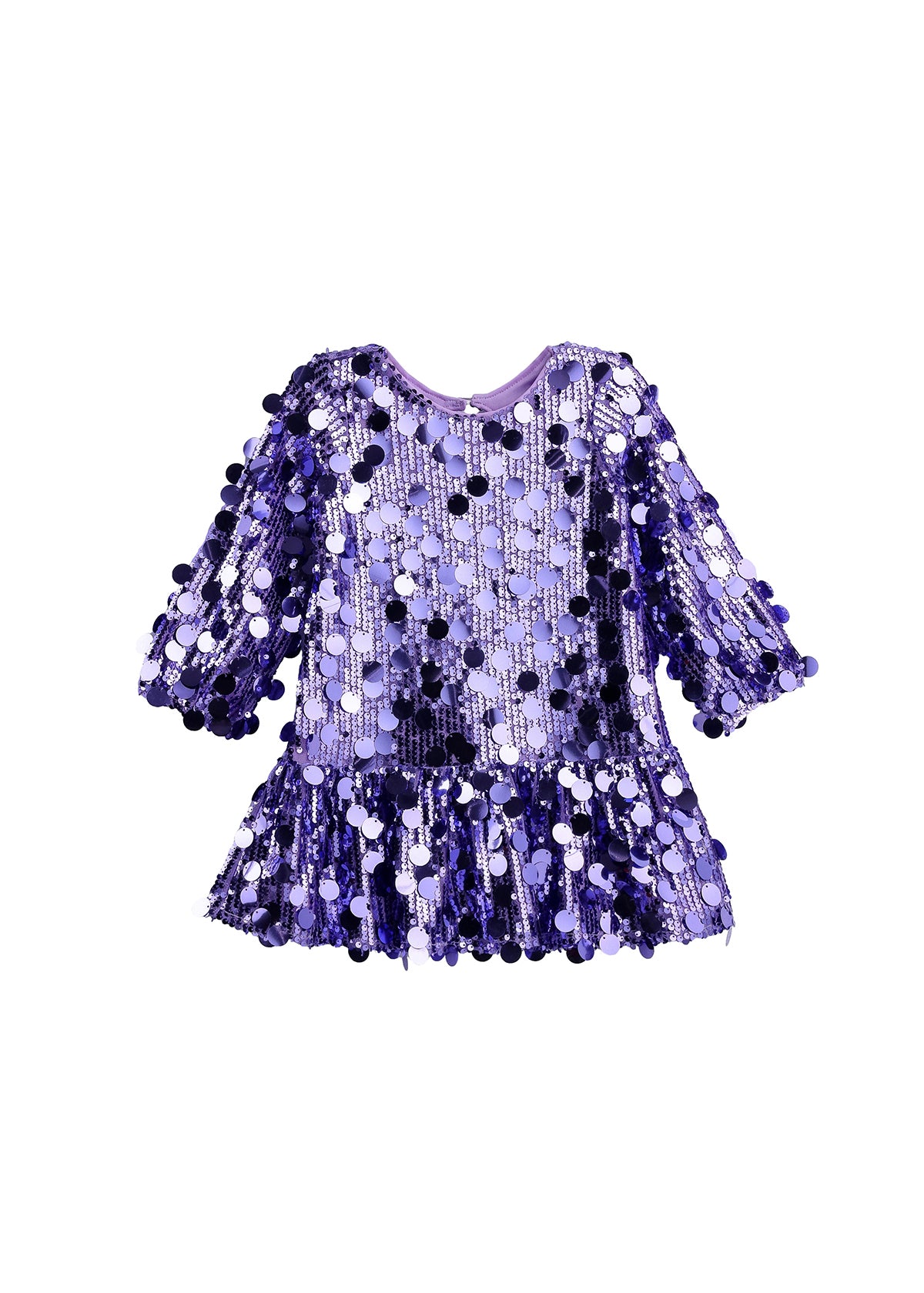 The Mabel + Honey Shake it Off Dress is a dazzling lavender long sleeve sequin fit and flare party dress for girls, featuring shimmering sequins and a ruffled skirt—perfect for special occasions where she wants to shine. Displayed on a white background, this eye-catching party dress combines comfort with sparkle for every celebration.