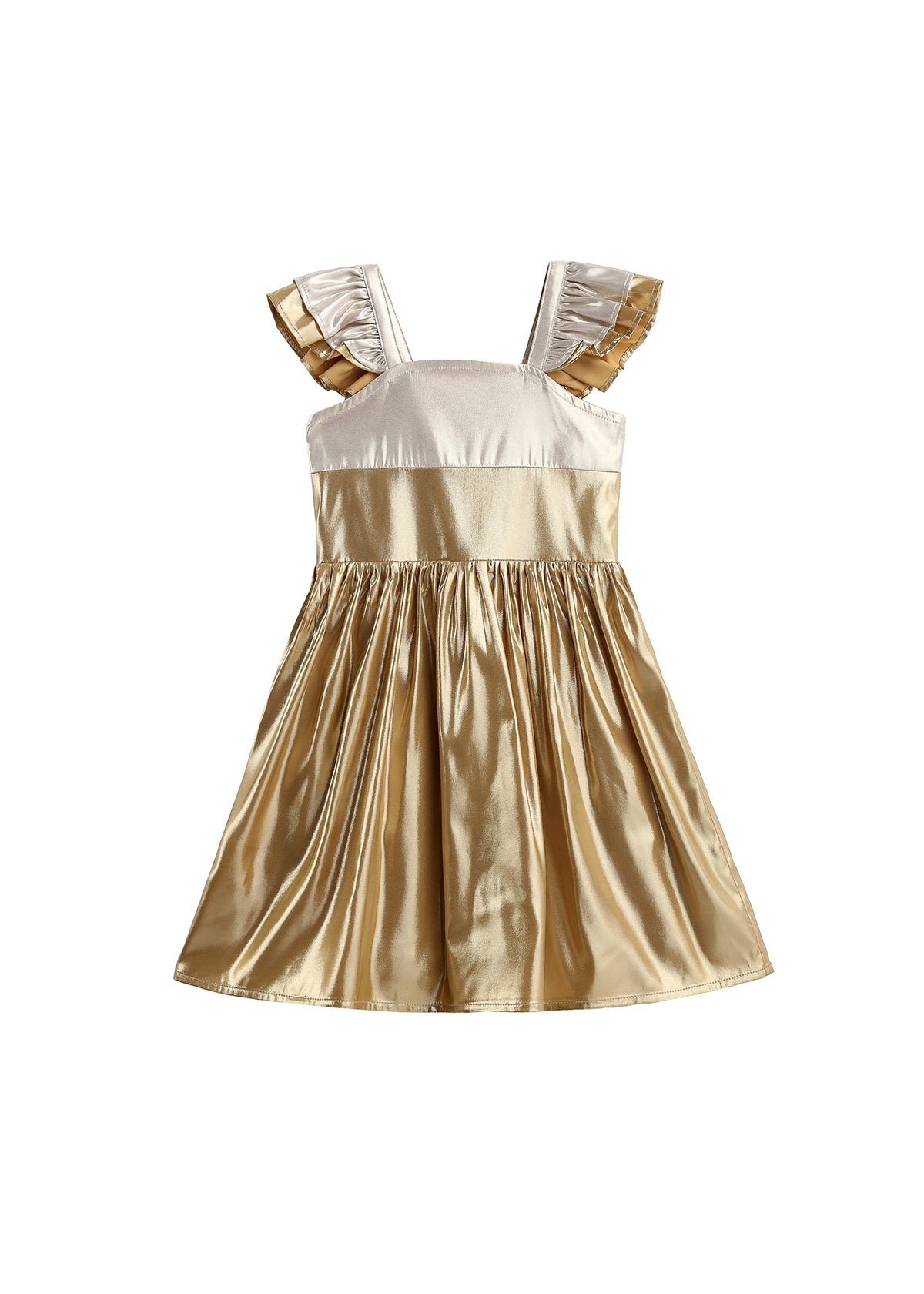 The Isobella and Chloe Metallic Harmony Sleeveless Color Block Ruffle Strap A-Line Dress features ruffled straps, a fitted bodice, and a shimmering gathered skirt in gold and cream tones—making it the perfect metallic dress for any holiday party.