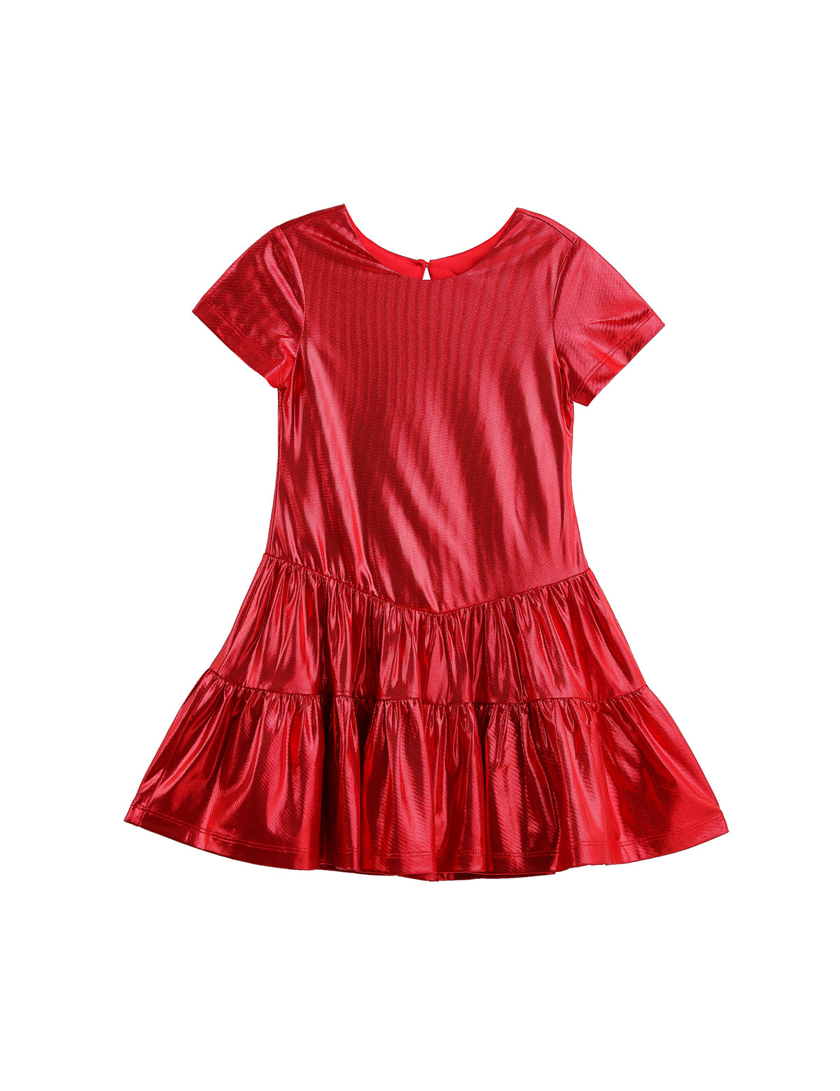 The Mabel + Honey Razzle Dazzle Dress Short Sleeve Solid Tiered Dropwaist Party Dress features a vibrant red hue, round neckline, and a tiered, ruffled skirt—displayed on a plain white background, it’s the ultimate choice for holiday celebrations.