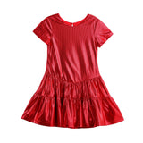 The Mabel + Honey Razzle Dazzle Dress Short Sleeve Solid Tiered Dropwaist Party Dress features a vibrant red hue, round neckline, and a tiered, ruffled skirt—displayed on a plain white background, it’s the ultimate choice for holiday celebrations.