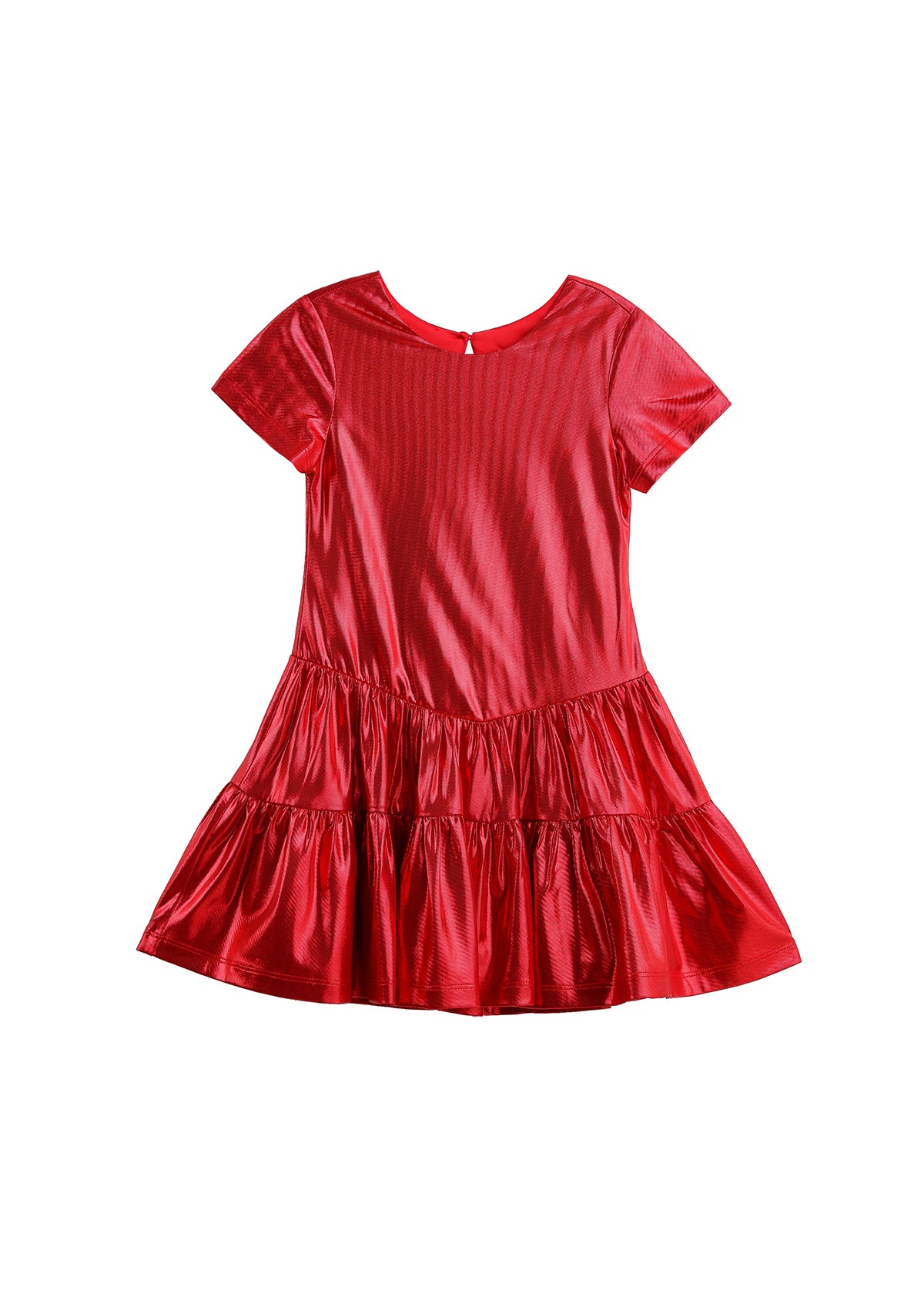 The Mabel + Honey Razzle Dazzle Dress Short Sleeve Solid Tiered Dropwaist Party Dress features a vibrant red hue, round neckline, and a tiered, ruffled skirt—displayed on a plain white background, it’s the ultimate choice for holiday celebrations.