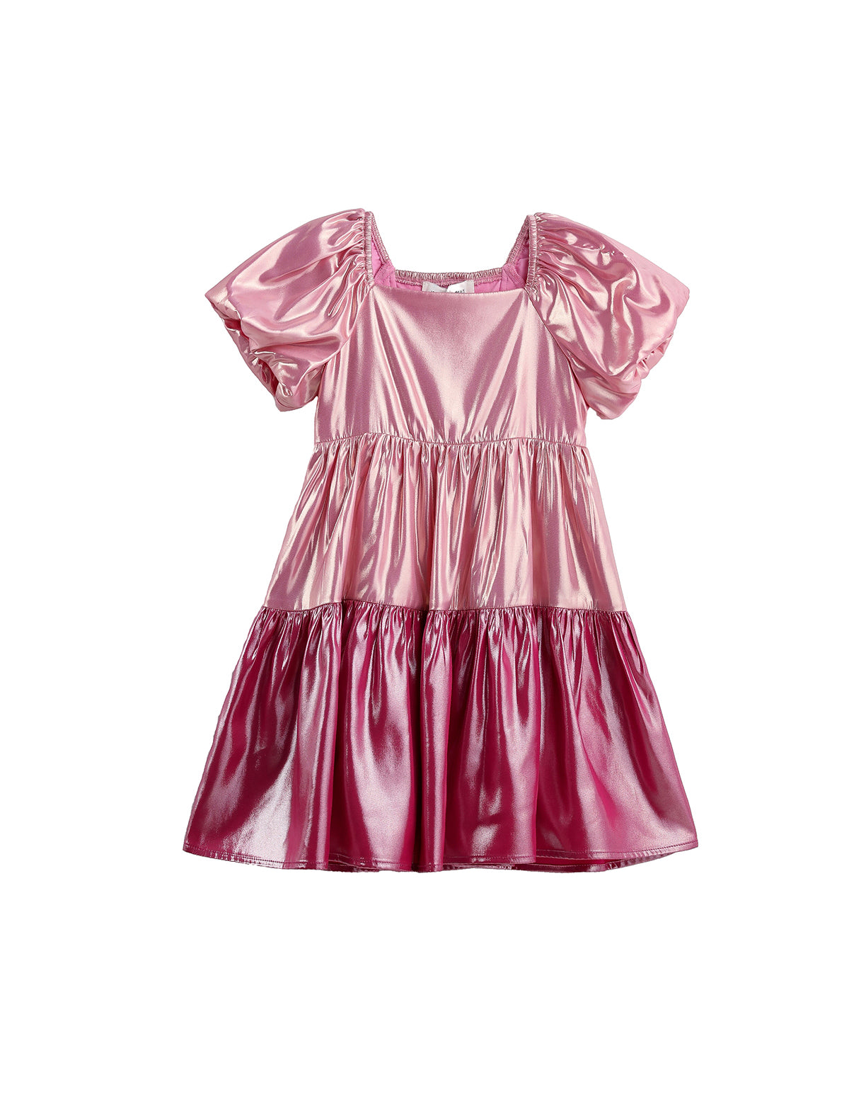 The Mabel + Honey Berry Blush Dress is a shiny metallic pink short-sleeve girls’ party dress featuring puffed sleeves, a square neckline, and a color-blocked tiered skirt, displayed on a white background.