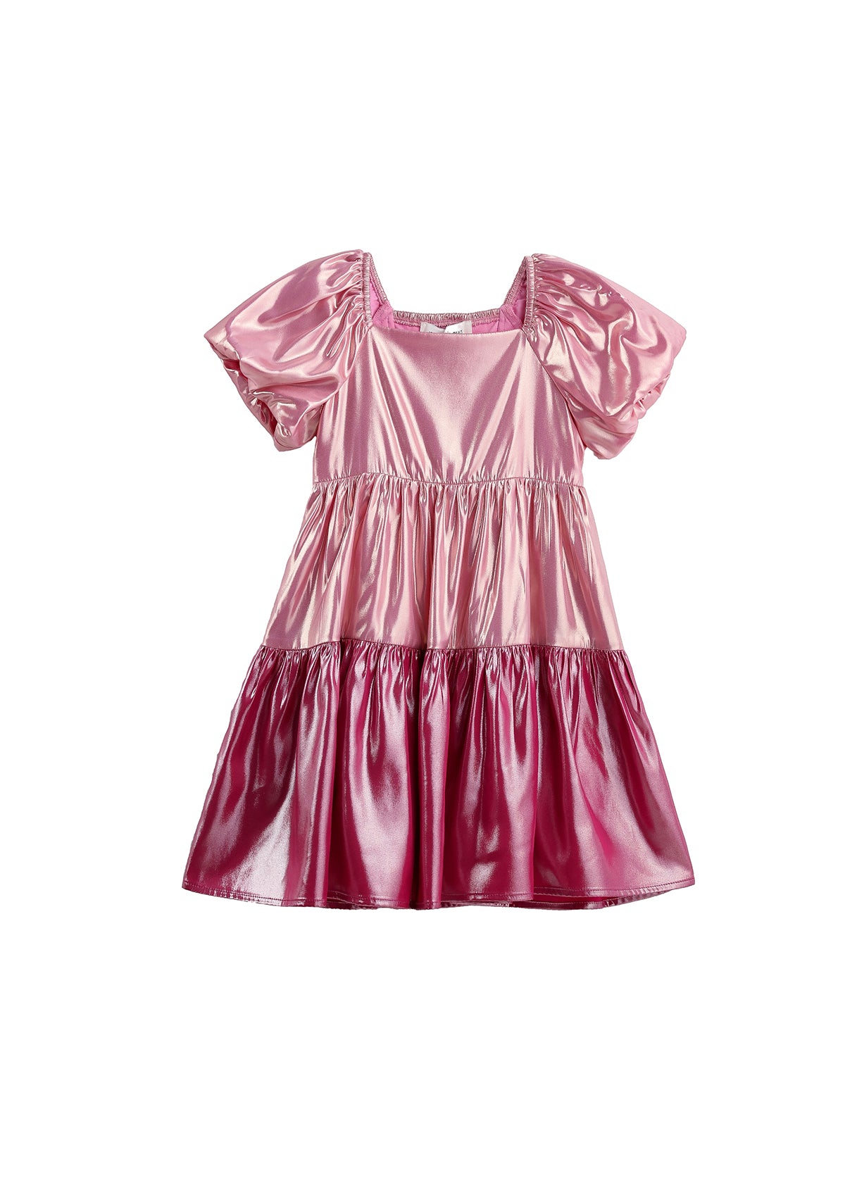 The Mabel + Honey Berry Blush Dress is a shiny metallic pink short-sleeve girls’ party dress featuring puffed sleeves, a square neckline, and a color-blocked tiered skirt, displayed on a white background.
