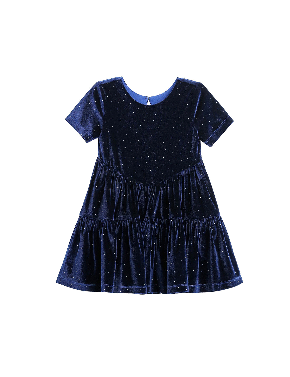 The Mabel + Honey Velvet Dreams Dress is a short-sleeved, knee-length party dress for kids in navy blue velvet, featuring a round neckline, a tiered skirt, and delicate crystal polka dot embellishments throughout the fabric.