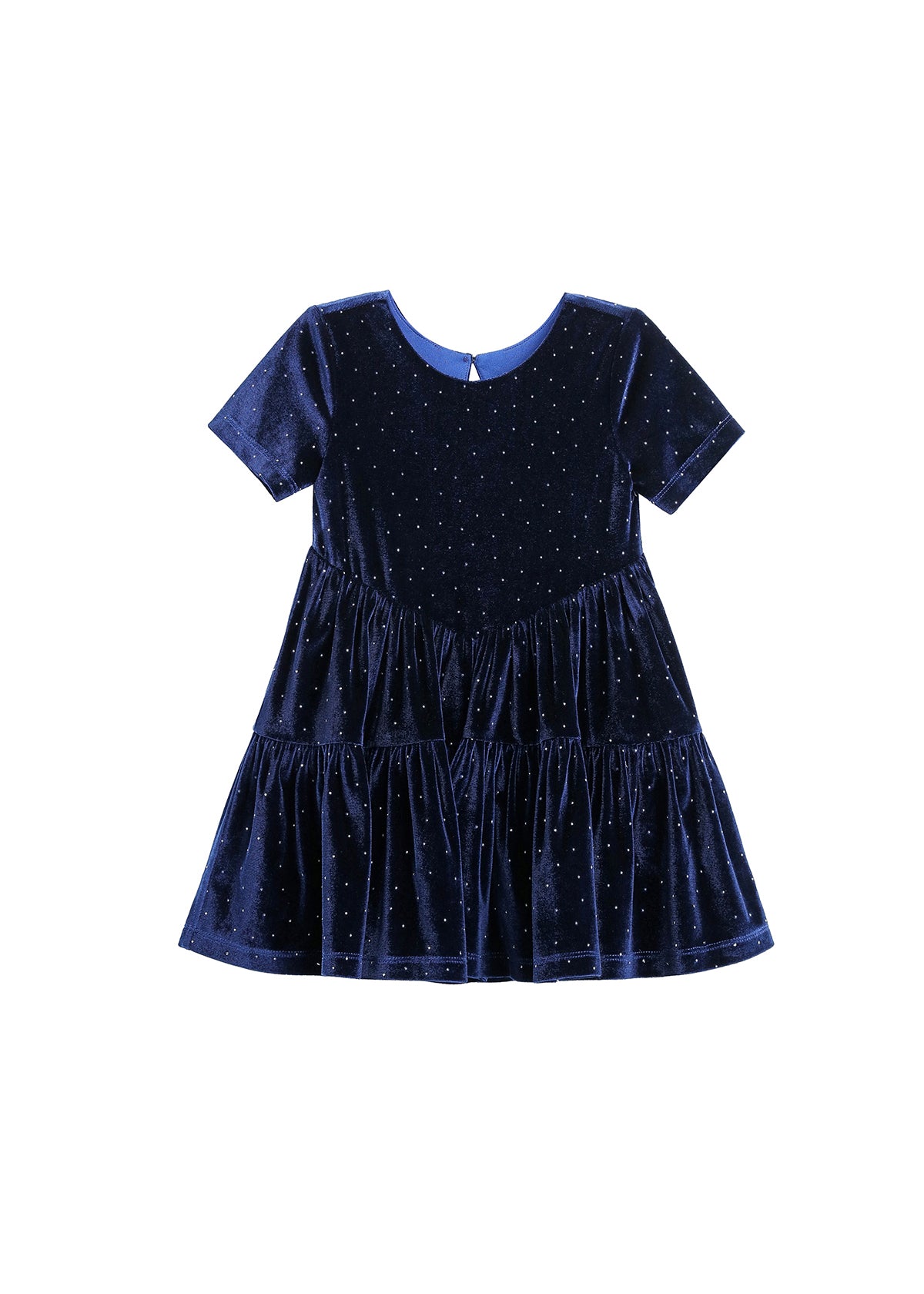 The Mabel + Honey Velvet Dreams Dress is a short-sleeved, knee-length party dress for kids in navy blue velvet, featuring a round neckline, a tiered skirt, and delicate crystal polka dot embellishments throughout the fabric.