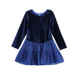 The Isobella and Chloe Velvet Dreams Long Sleeve Rhinestone Studded Tiered Skirt Dress features a navy blue, sparkly velvet bodice adorned with rhinestones and a tiered, ruffled chiffon skirt, shown on a white background.