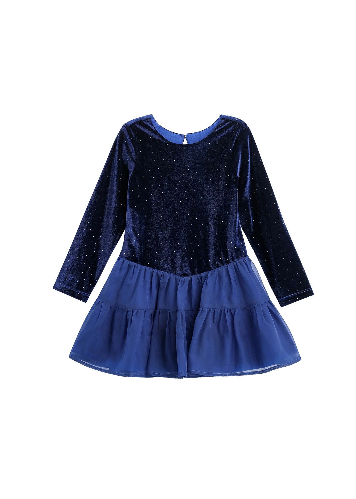 The Isobella and Chloe Velvet Dreams Long Sleeve Rhinestone Studded Tiered Skirt Dress features a navy blue, sparkly velvet bodice adorned with rhinestones and a tiered, ruffled chiffon skirt, shown on a white background.