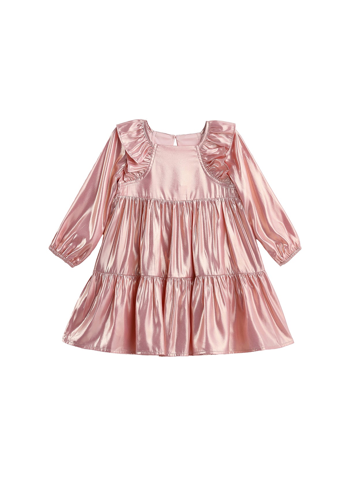 The Isobella and Chloe Rosy Glow Long Sleeve Metallic Ruffle Trim Tiered Dress, shown against a white background, features shiny metallic pink fabric, ruffled shoulders, and a beautifully tiered skirt—making it the perfect choice for festive occasions.