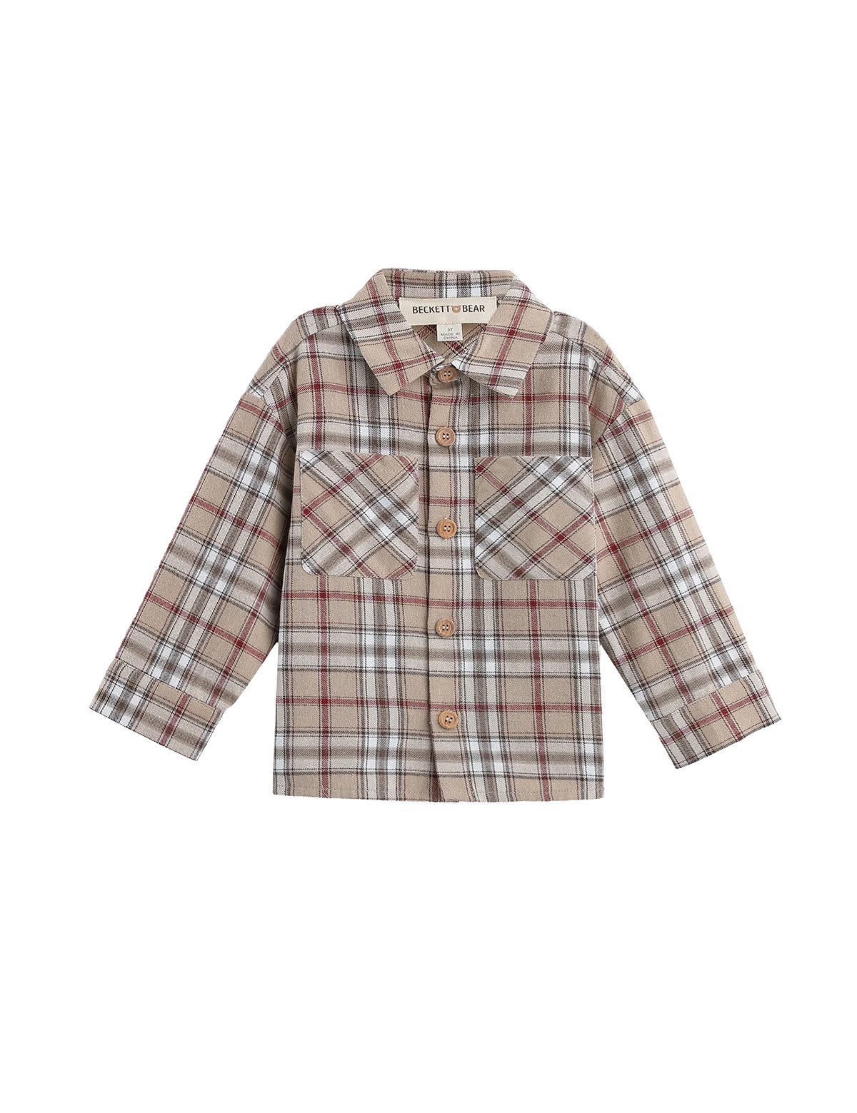 The Mabel + Honey Nicholas Shirt is a long-sleeve plaid flannel button down designed for children, featuring a classic collared neckline, front buttons, and two chest pockets. Crafted from brushed flannel, it showcases beige, brown, and red checkered patterns.
