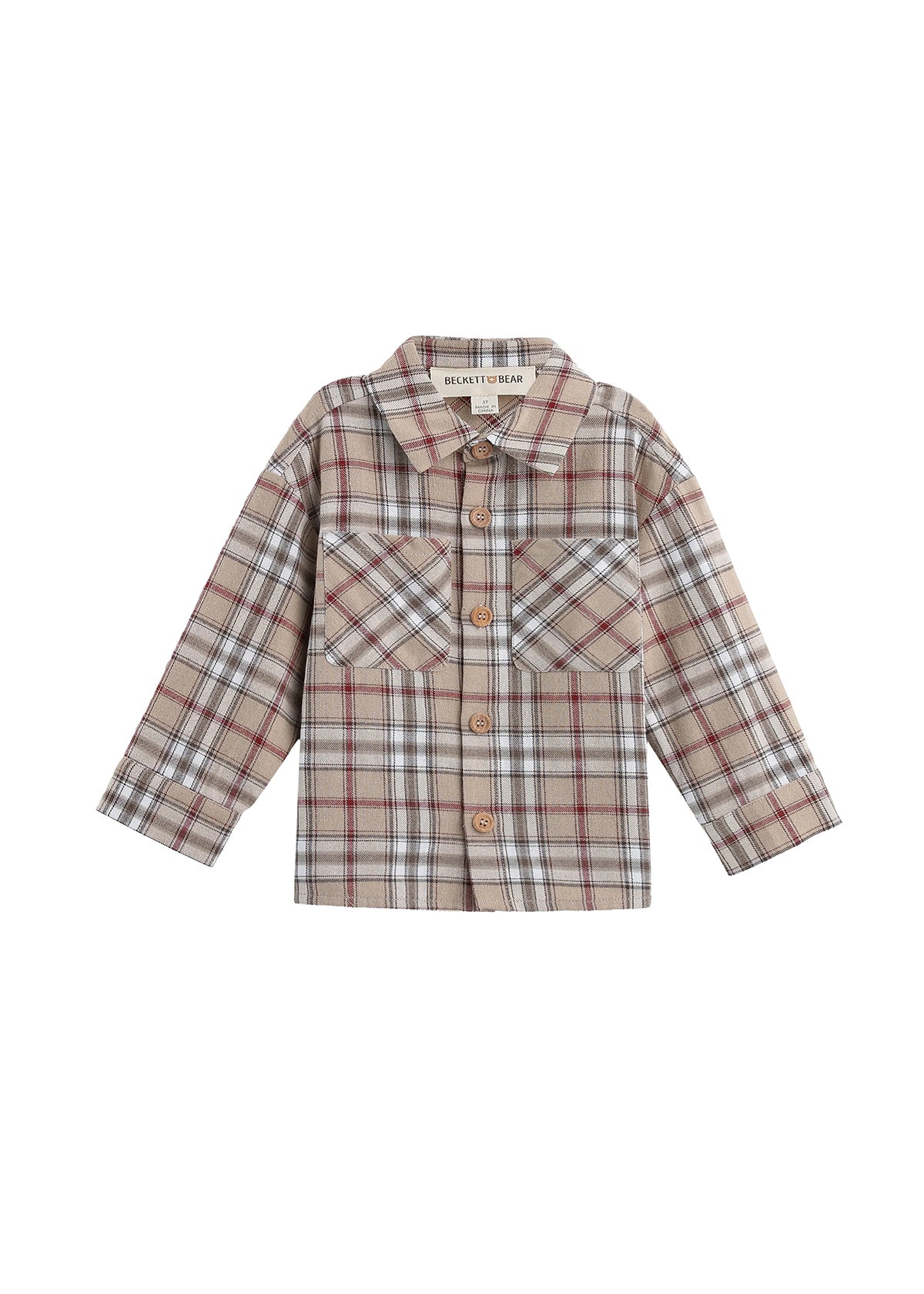 The Mabel + Honey Nicholas Shirt is a long-sleeve plaid flannel button down designed for children, featuring a classic collared neckline, front buttons, and two chest pockets. Crafted from brushed flannel, it showcases beige, brown, and red checkered patterns.