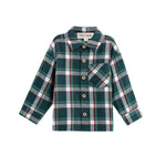 The Christopher Shirt Long Sleeve Plaid Flannel Button Front Collared Shirt by Mabel + Honey features a hunter green plaid pattern with white, black, and red stripes. Designed for men and displayed on a white background, this casual shirt offers soft brushed cotton flannel comfort, a front button closure, and a single chest pocket.