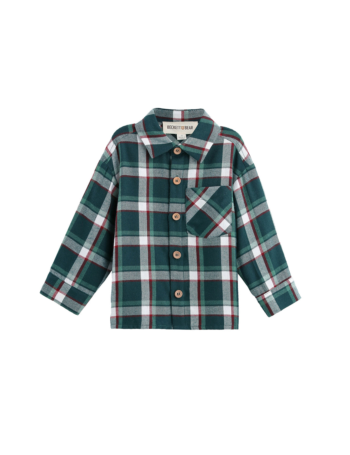 The Christopher Shirt Long Sleeve Plaid Flannel Button Front Collared Shirt by Mabel + Honey features a hunter green plaid pattern with white, black, and red stripes. Designed for men and displayed on a white background, this casual shirt offers soft brushed cotton flannel comfort, a front button closure, and a single chest pocket.