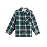 The Christopher Shirt Long Sleeve Plaid Flannel Button Front Collared Shirt by Mabel + Honey features a hunter green plaid pattern with white, black, and red stripes. Designed for men and displayed on a white background, this casual shirt offers soft brushed cotton flannel comfort, a front button closure, and a single chest pocket.
