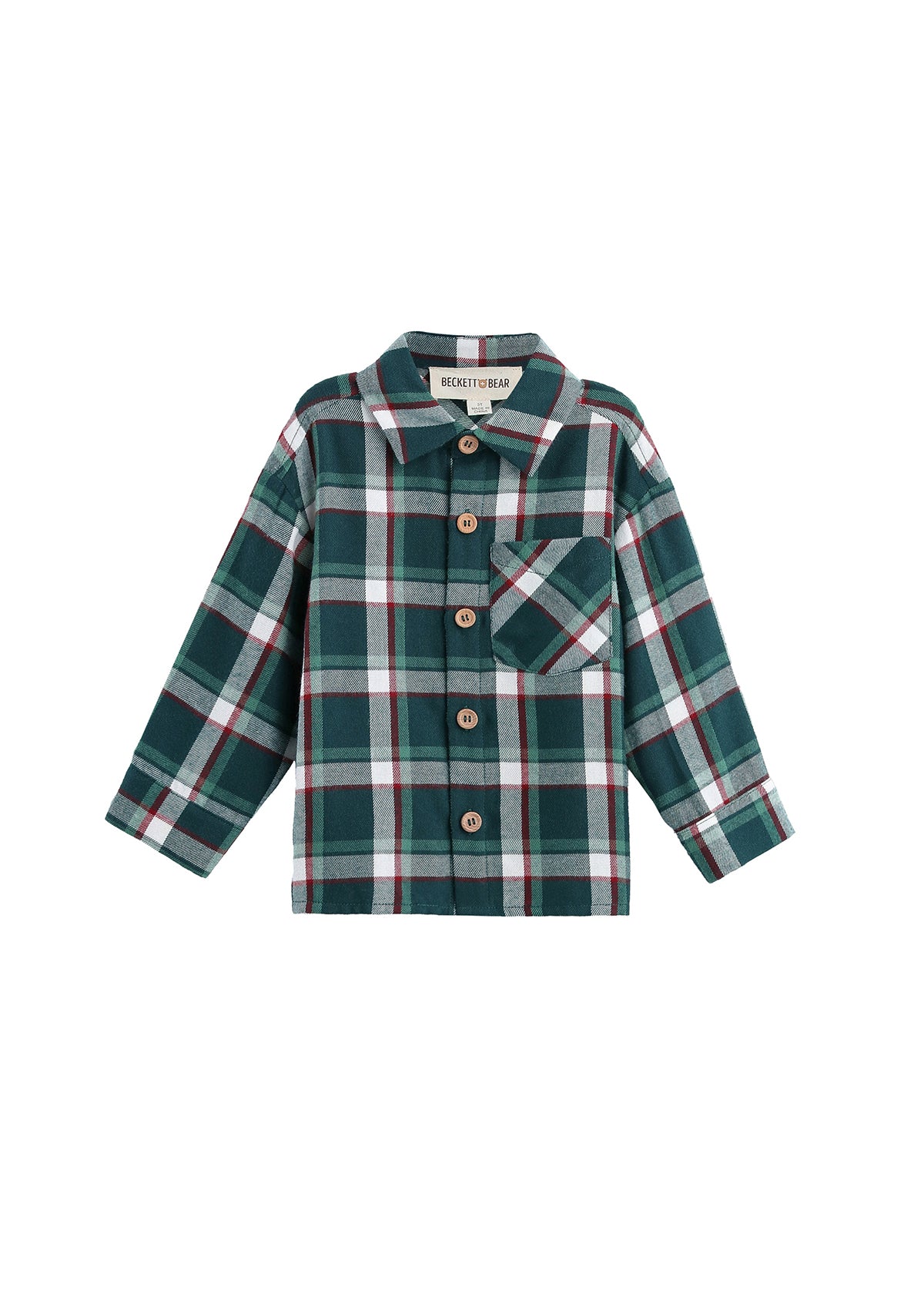 The Christopher Shirt Long Sleeve Plaid Flannel Button Front Collared Shirt by Mabel + Honey features a hunter green plaid pattern with white, black, and red stripes. Designed for men and displayed on a white background, this casual shirt offers soft brushed cotton flannel comfort, a front button closure, and a single chest pocket.
