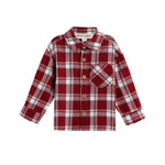Introducing the Mabel + Honey Joseph Shirt Long Sleeve Plaid Button Front Collared Shirt for boys, featuring a soft brushed flannel in a red, white, and green plaid pattern and finished with a single chest pocket.