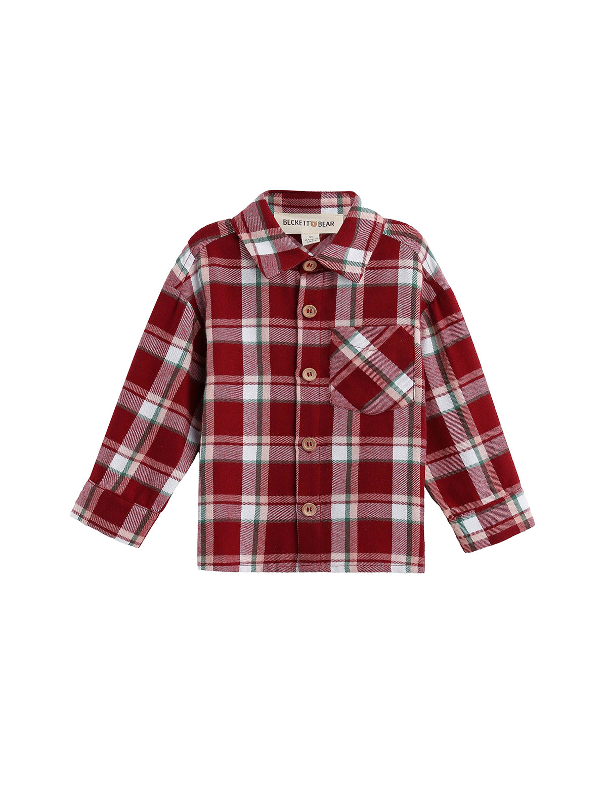 Introducing the Mabel + Honey Joseph Shirt Long Sleeve Plaid Button Front Collared Shirt for boys, featuring a soft brushed flannel in a red, white, and green plaid pattern and finished with a single chest pocket.