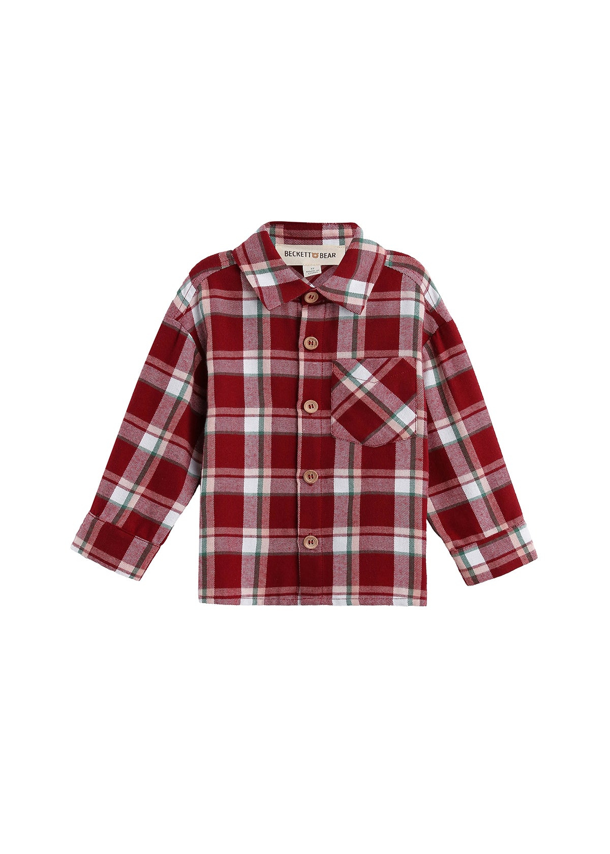 Introducing the Mabel + Honey Joseph Shirt Long Sleeve Plaid Button Front Collared Shirt for boys, featuring a soft brushed flannel in a red, white, and green plaid pattern and finished with a single chest pocket.