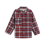 The Everett Shirt Long Sleeve Plaid Button Down Collared Shirt by Mabel + Honey features a red, blue, white, and black plaid pattern with long sleeves and a classic collar. Displayed on a white background, this cozy shirt is perfect for layering to add both style and warmth to any outfit.