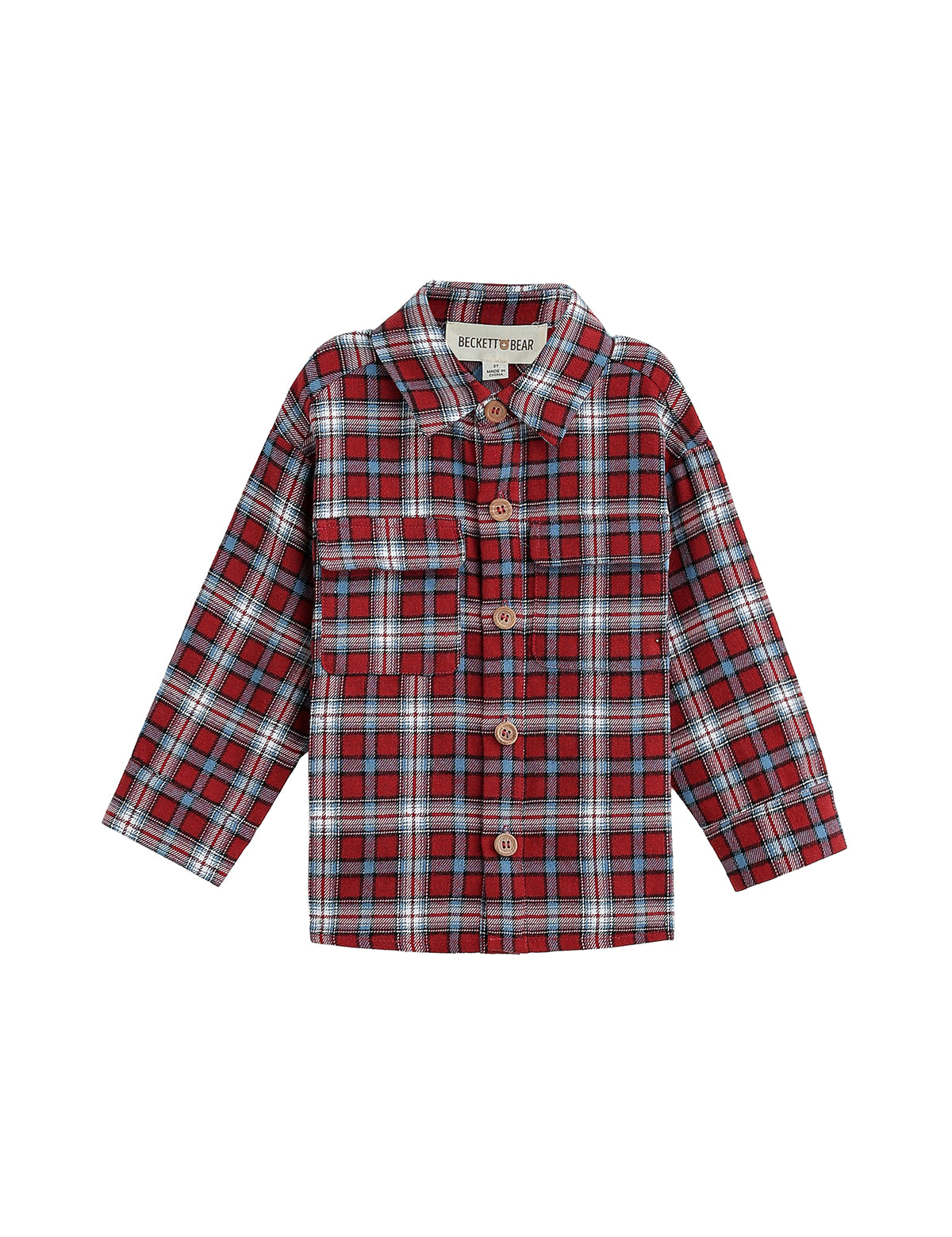 The Everett Shirt Long Sleeve Plaid Button Down Collared Shirt by Mabel + Honey features a red, blue, white, and black plaid pattern with long sleeves and a classic collar. Displayed on a white background, this cozy shirt is perfect for layering to add both style and warmth to any outfit.