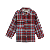 The Everett Shirt Long Sleeve Plaid Button Down Collared Shirt by Mabel + Honey features a red, blue, white, and black plaid pattern with long sleeves and a classic collar. Displayed on a white background, this cozy shirt is perfect for layering to add both style and warmth to any outfit.