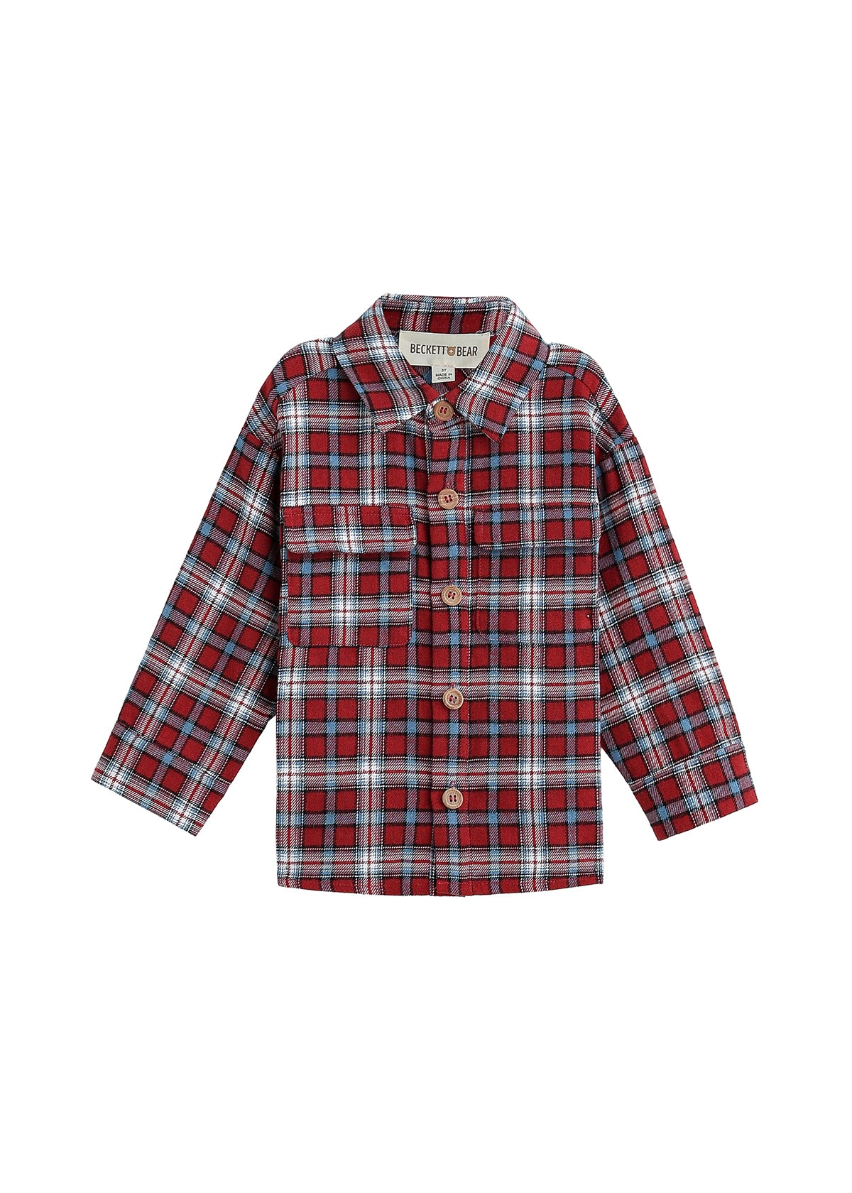 The Everett Shirt Long Sleeve Plaid Button Down Collared Shirt by Mabel + Honey features a red, blue, white, and black plaid pattern with long sleeves and a classic collar. Displayed on a white background, this cozy shirt is perfect for layering to add both style and warmth to any outfit.