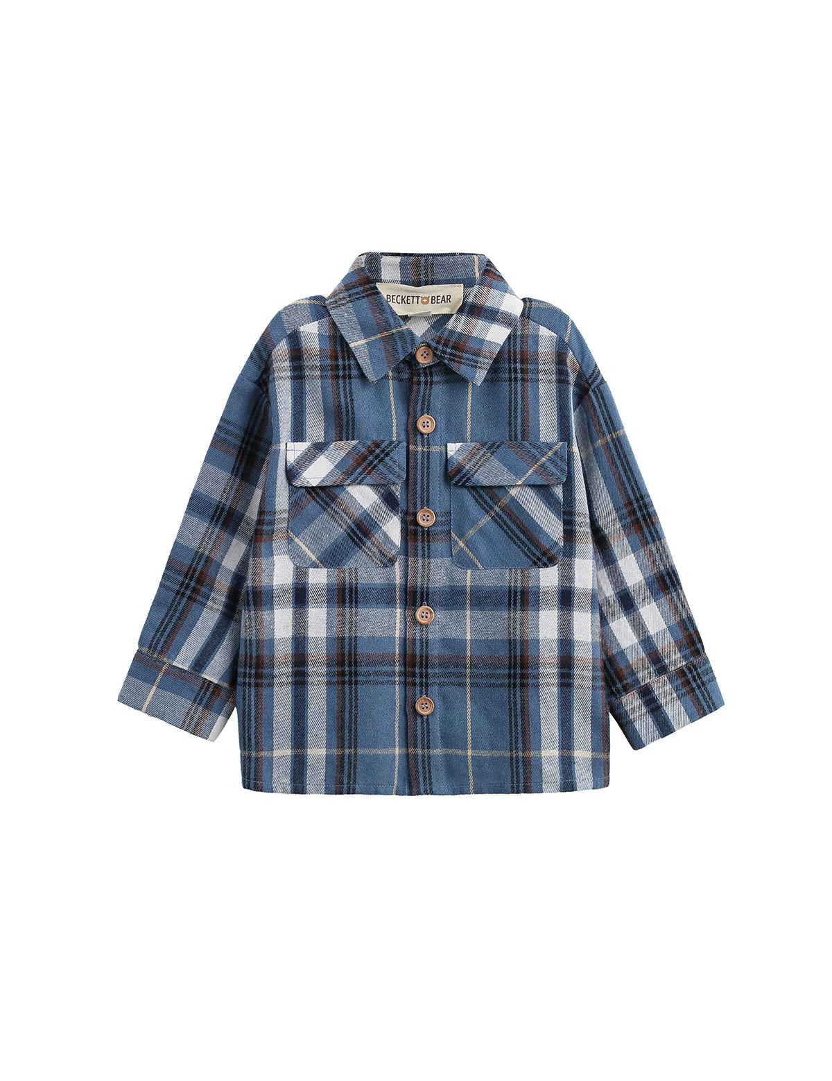 The Mabel + Honey Hunter Shirt is a blue and white plaid flannel shirt for children, featuring long sleeves, a collared neckline, front button closure, and two chest pockets. Made from soft brushed flannel for all-day comfort.