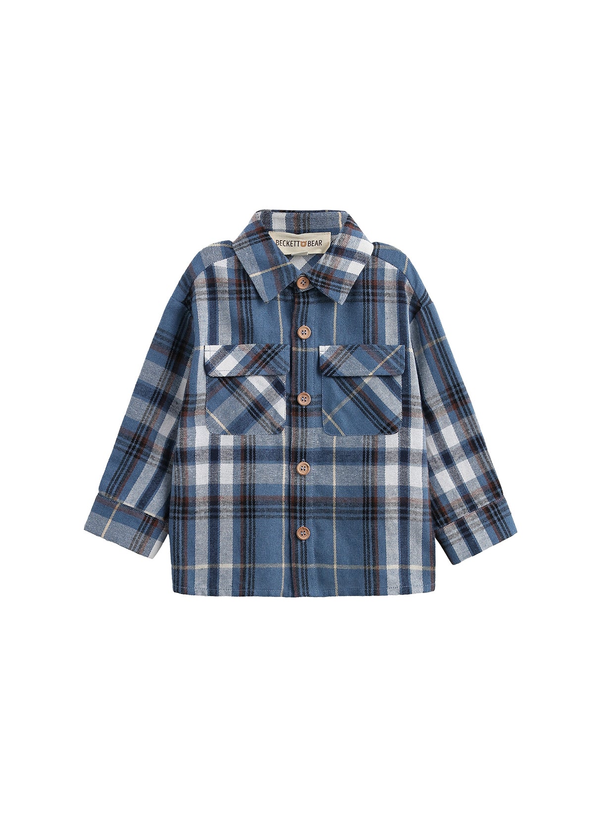 The Mabel + Honey Hunter Shirt is a blue and white plaid flannel shirt for children, featuring long sleeves, a collared neckline, front button closure, and two chest pockets. Made from soft brushed flannel for all-day comfort.