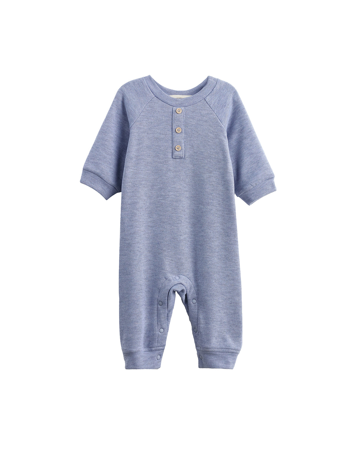 The Beckett and Bear Daniel Long Sleeve Solid Ribbed Button Placket Straight Leg Romper is a heathered blue, ribbed knit baby romper featuring long sleeves, three chest buttons, ribbed cuffs, and convenient snap closures at the legs for easy diaper changes—displayed on a white background.