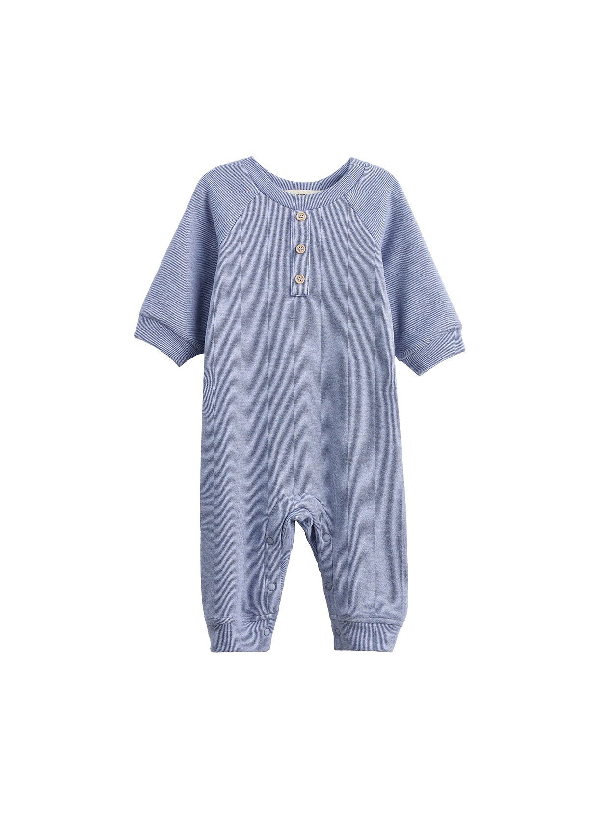 The Beckett and Bear Daniel Long Sleeve Solid Ribbed Button Placket Straight Leg Romper is a heathered blue, ribbed knit baby romper featuring long sleeves, three chest buttons, ribbed cuffs, and convenient snap closures at the legs for easy diaper changes—displayed on a white background.