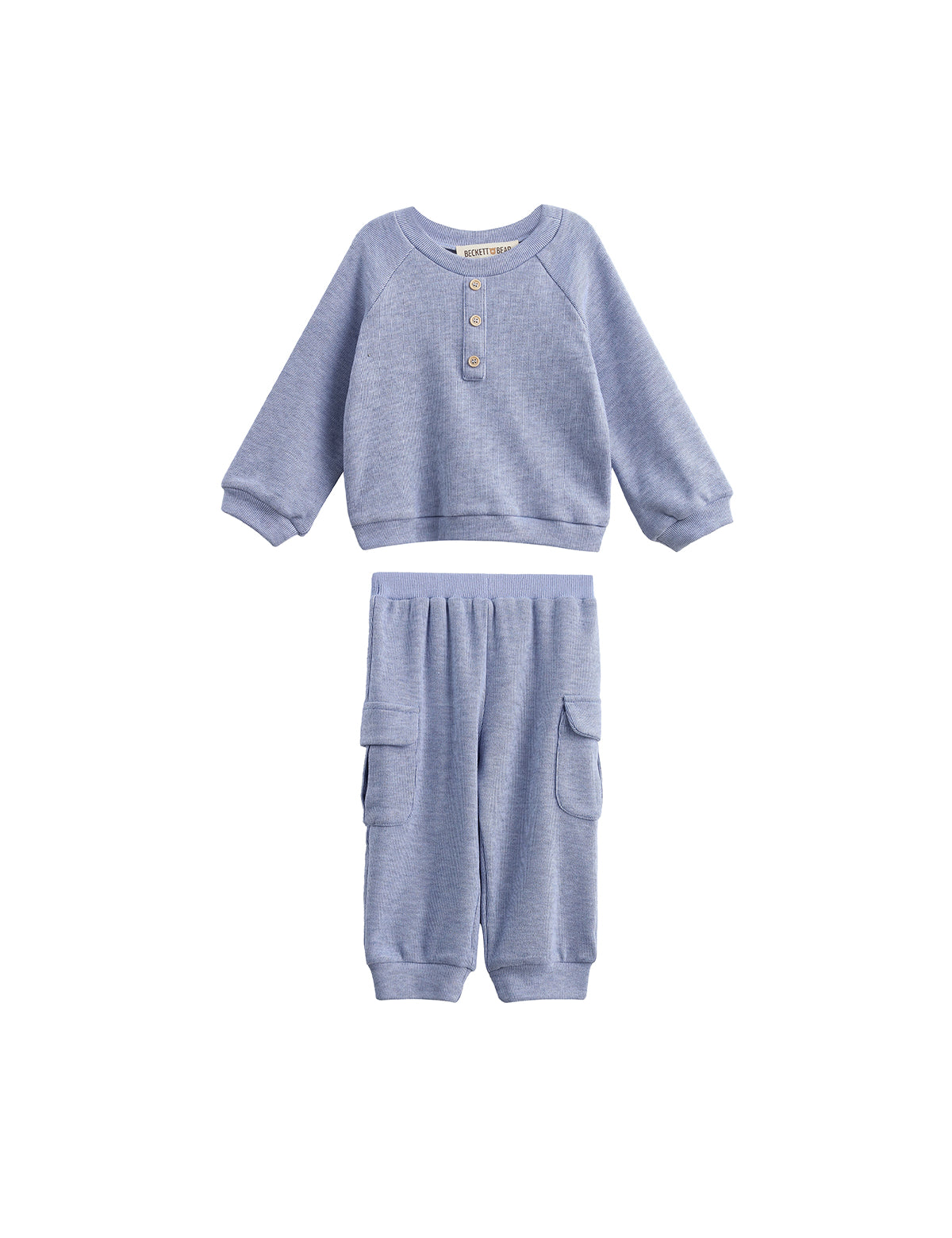 The Daniel Two Piece Set by Mabel + Honey features a heather blue long-sleeve ribbed henley top with button detailing and matching cargo jogger pants with elastic cuffs and side pockets, shown together on a white background.