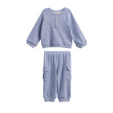 The Daniel Two Piece Set by Mabel + Honey features a heather blue long-sleeve ribbed henley top with button detailing and matching cargo jogger pants with elastic cuffs and side pockets, shown together on a white background.