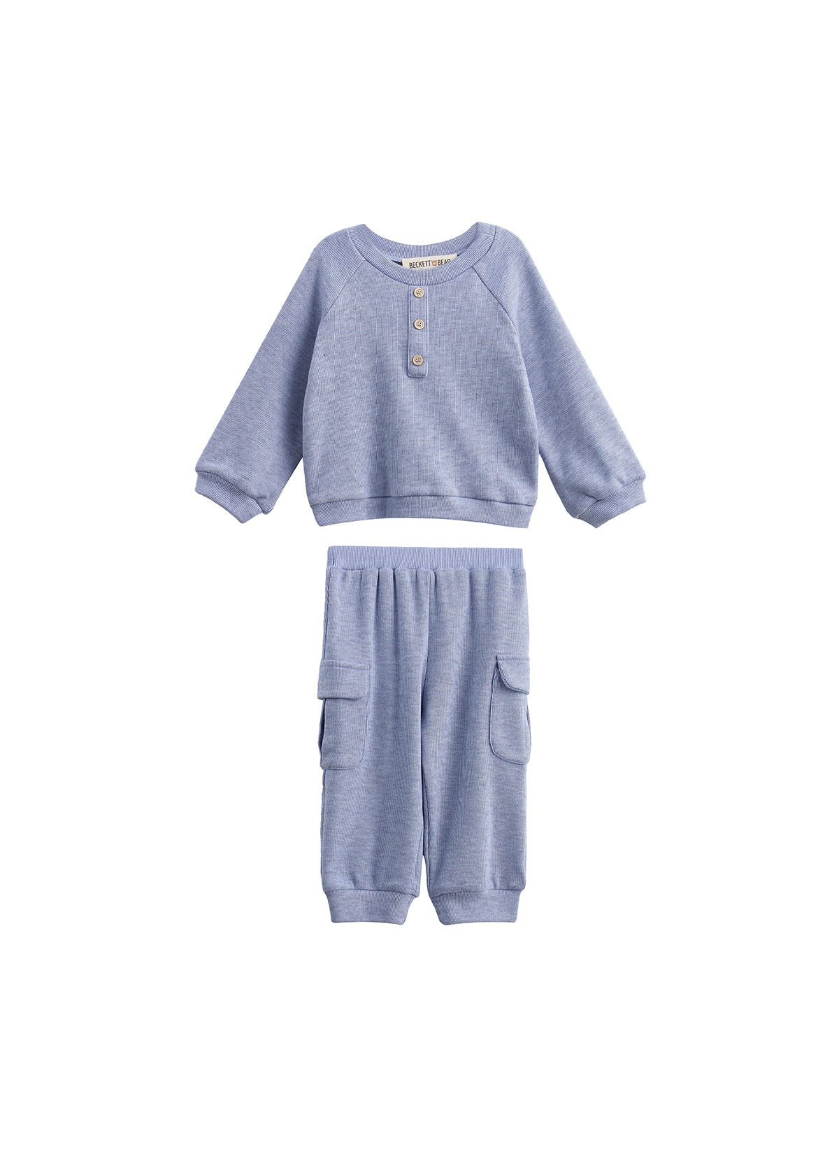 The Daniel Two Piece Set by Mabel + Honey features a heather blue long-sleeve ribbed henley top with button detailing and matching cargo jogger pants with elastic cuffs and side pockets, shown together on a white background.