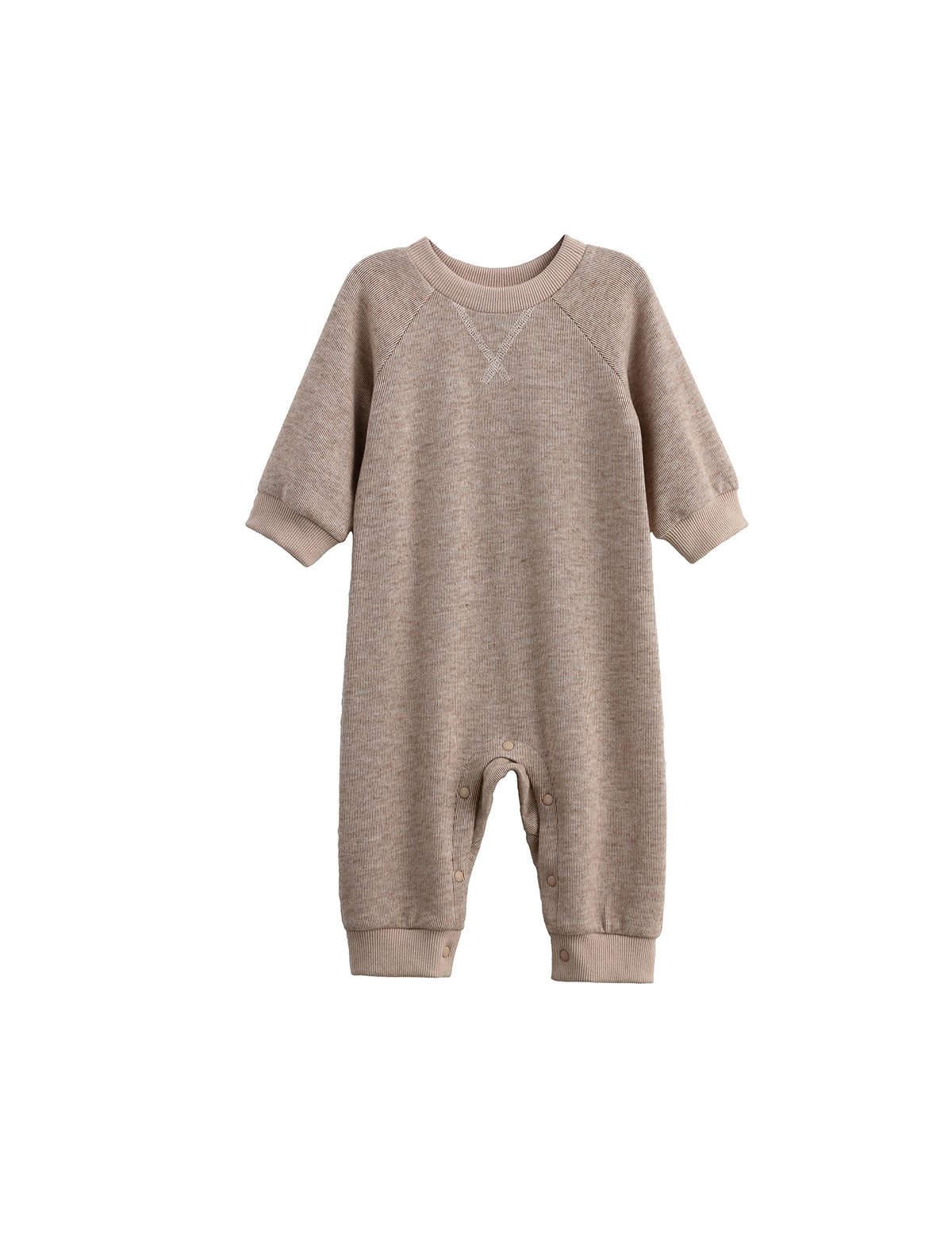 The Beckett and Bear Levi Long Sleeve Ribbed Knit Straight Leg Romper in beige features ribbed knit cuffs and practical snap closures at the legs, shown against a white background.