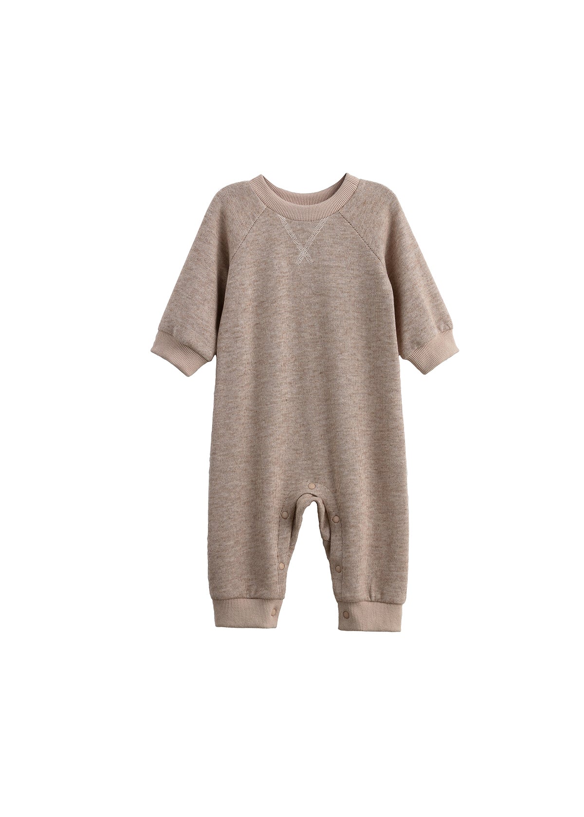 The Beckett and Bear Levi Long Sleeve Ribbed Knit Straight Leg Romper in beige features ribbed knit cuffs and practical snap closures at the legs, shown against a white background.